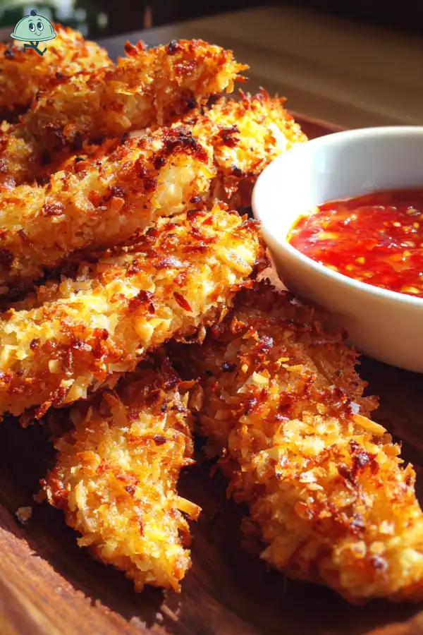 Crispy Coconut Chicken Strips with Sweet Chili Sauce delight!