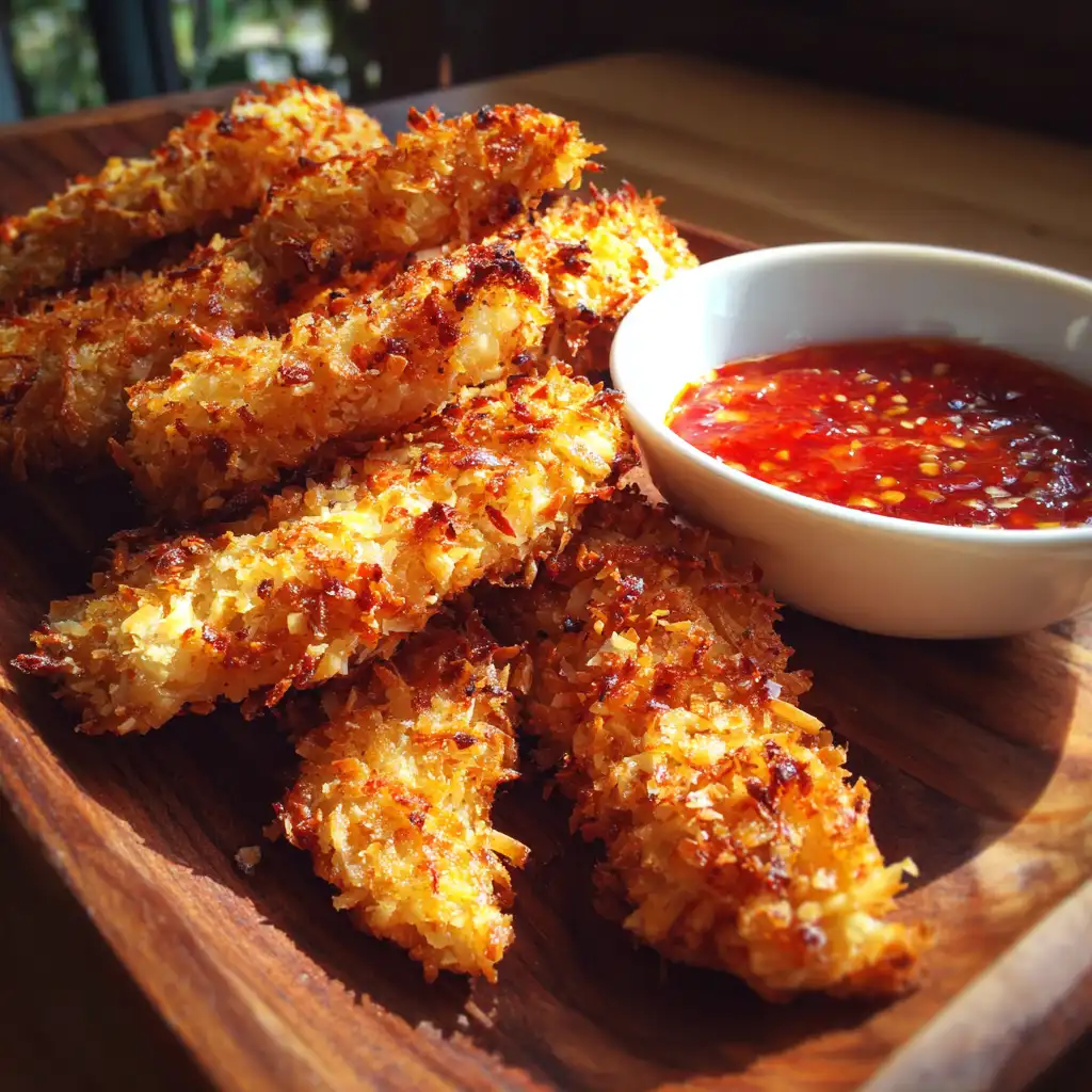 Crispy Coconut Chicken Strips with Sweet Chili Sauce delight!