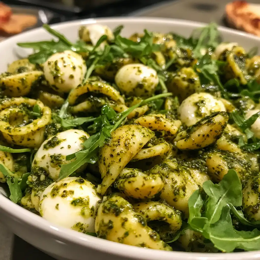 Pesto Pasta Salad with Mozzarella and Arugula Recipe delights!