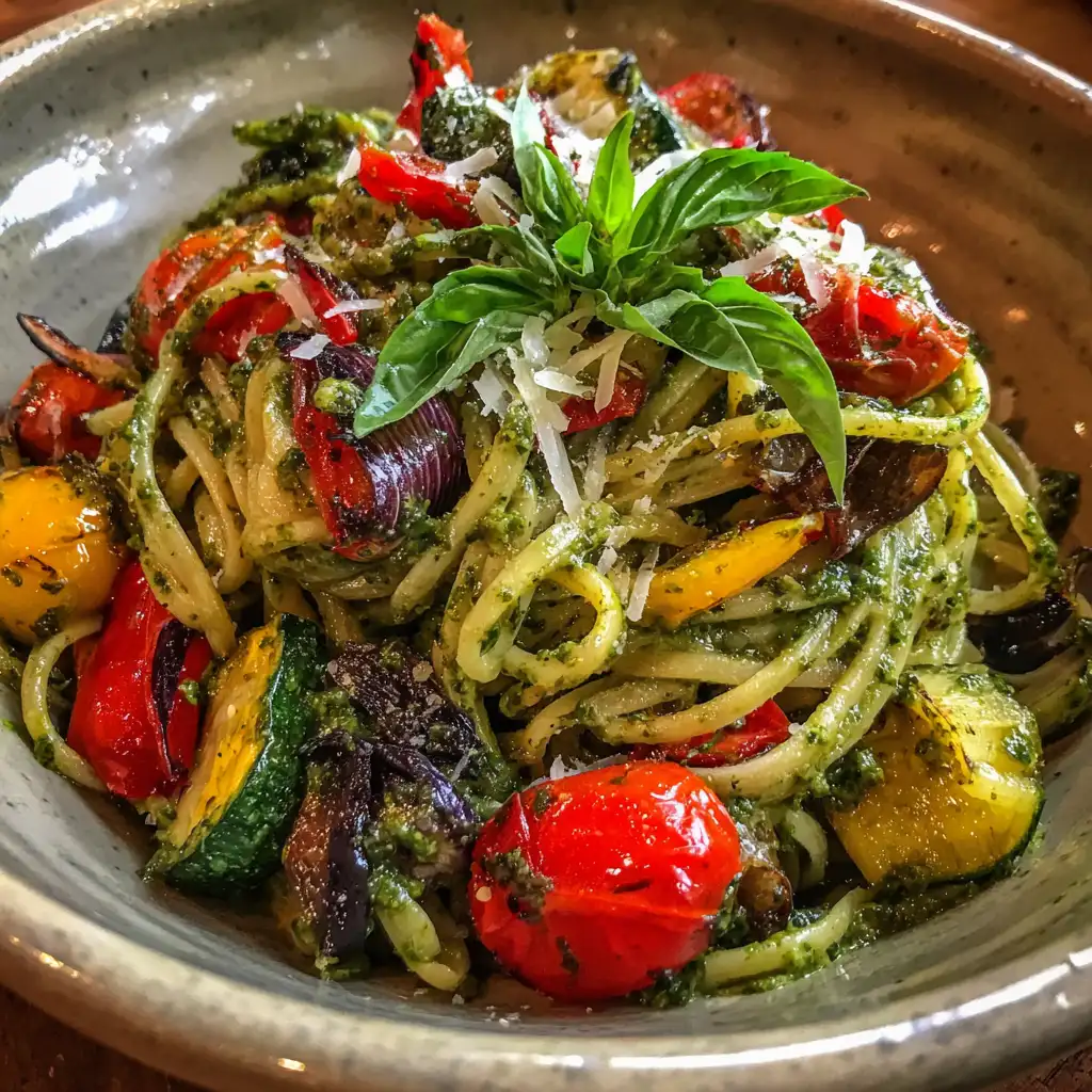 Pesto Pasta with Roasted Vegetables is a must-try!