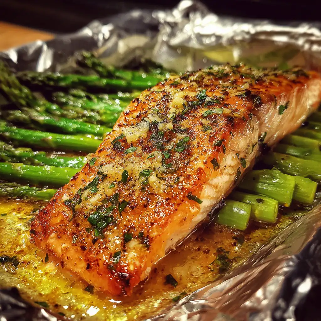 Baked salmon foil asparagus garlic butter sauce