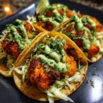 Buffalo cauliflower tacos with avocado crema