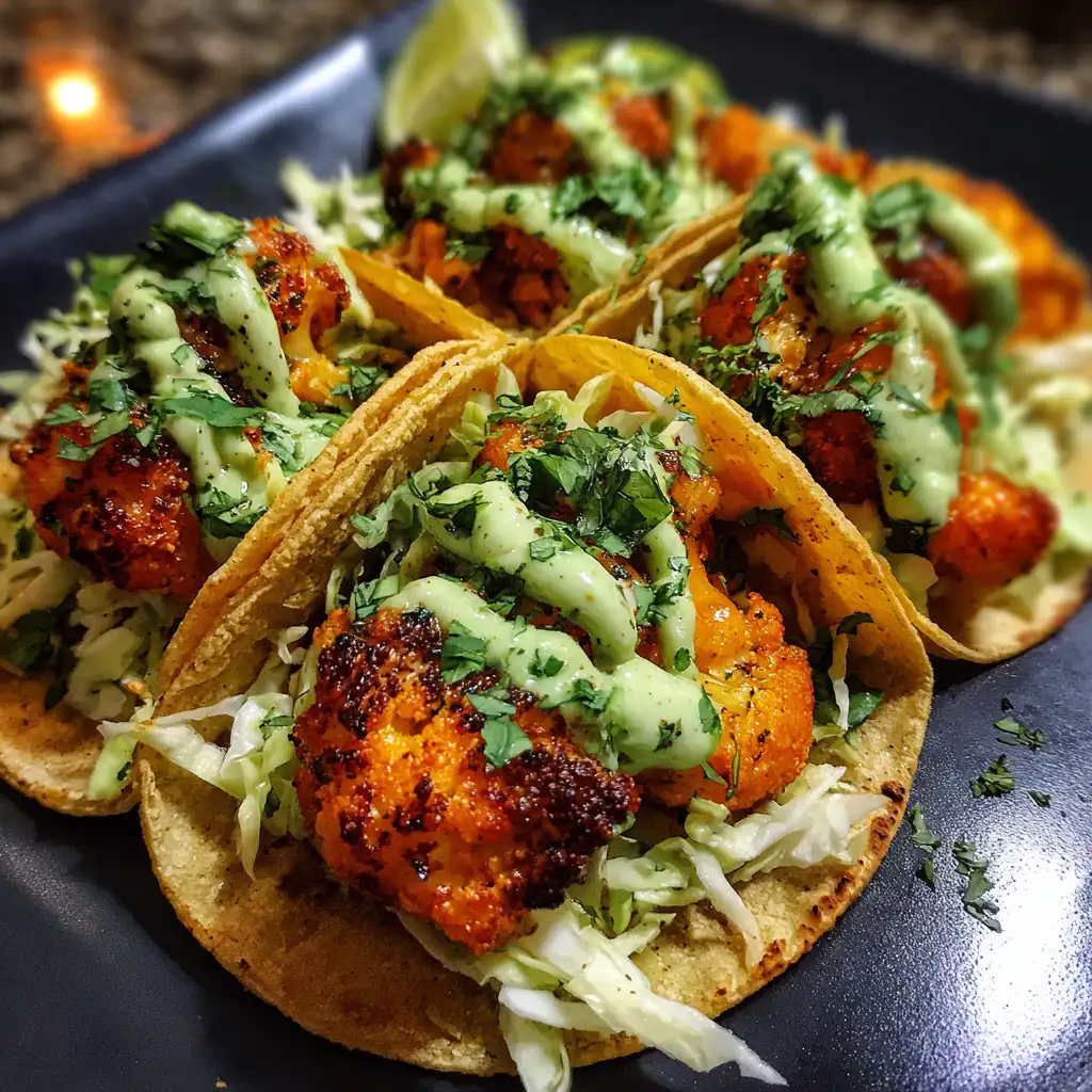 Buffalo cauliflower tacos with avocado crema