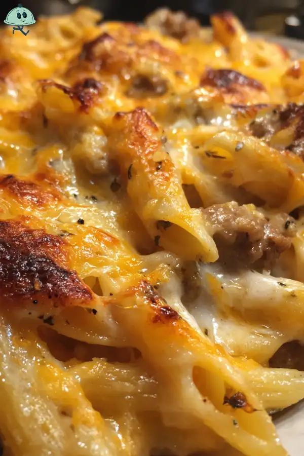 Cheesy penne with garlic butter beef
