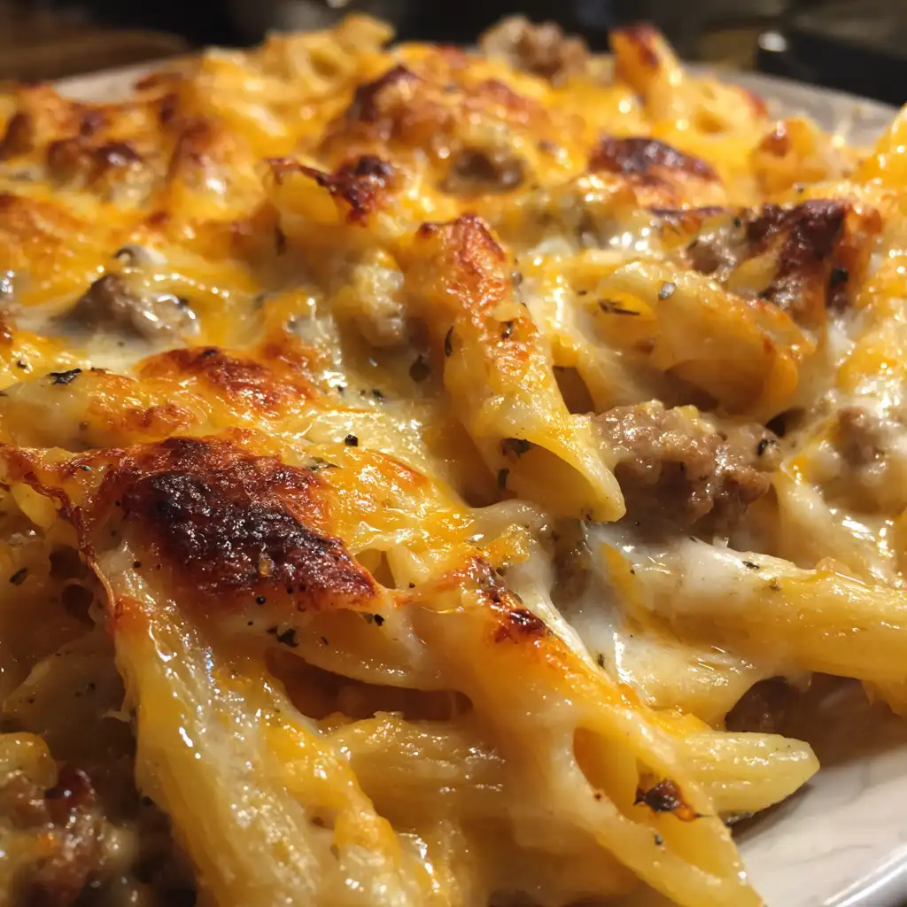 Cheesy penne with garlic butter beef