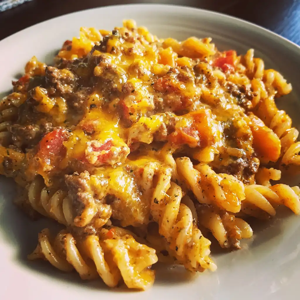 Creamy Rotel pasta with ground beef recipe