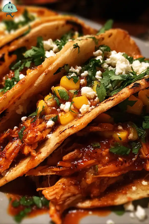 Red chile chicken tacos with corn crema