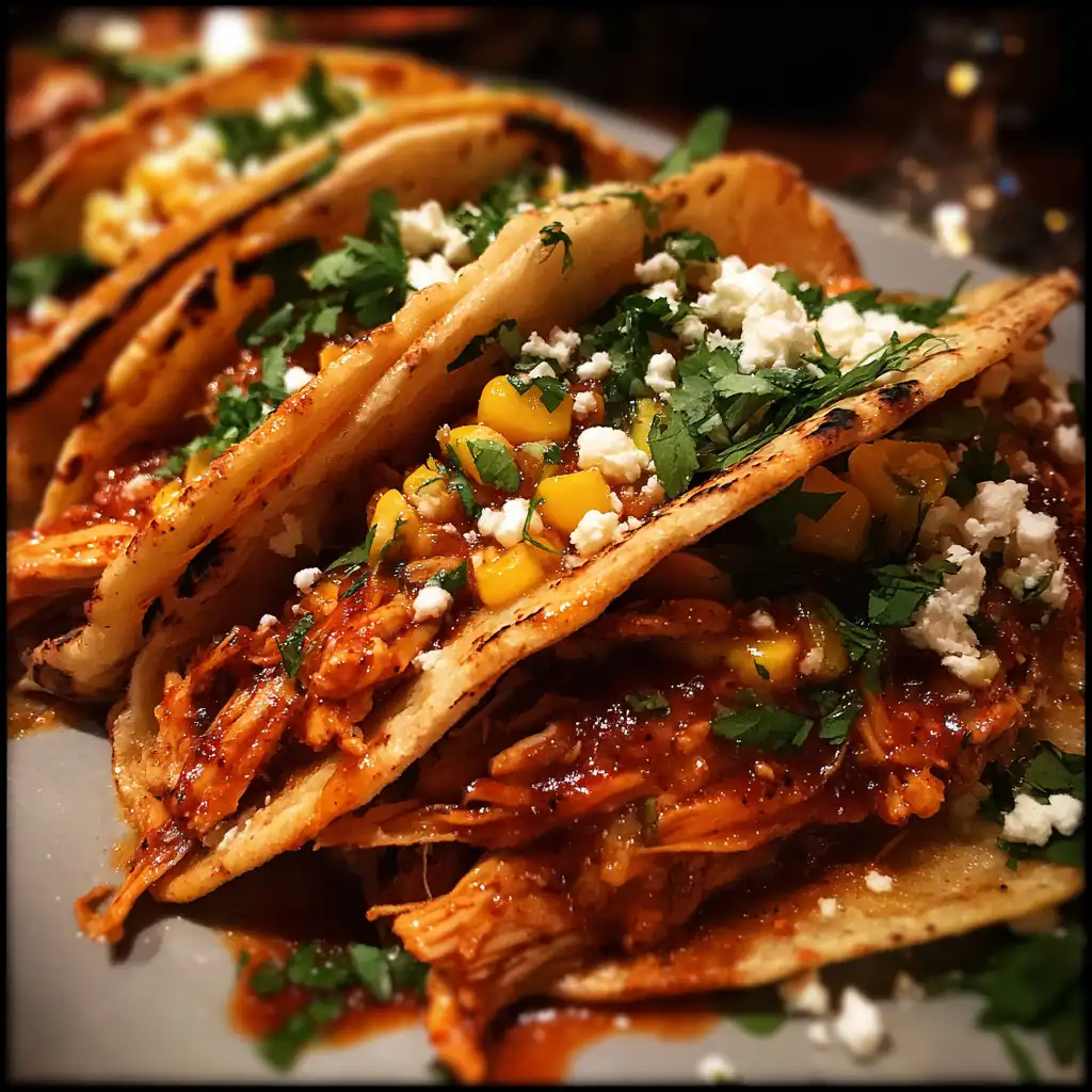 Red chile chicken tacos with corn crema