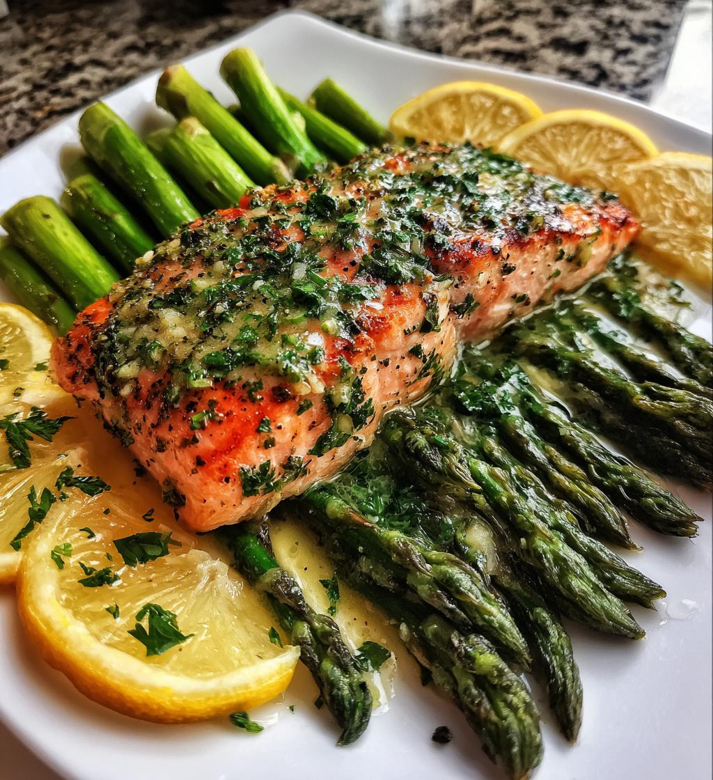 baked salmon in foil with asparagus and garlic butter sauce - detail 1