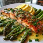 baked salmon in foil with asparagus and garlic butter sauce
