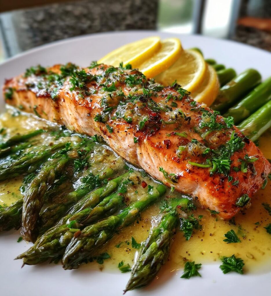 baked salmon in foil with asparagus and garlic butter sauce