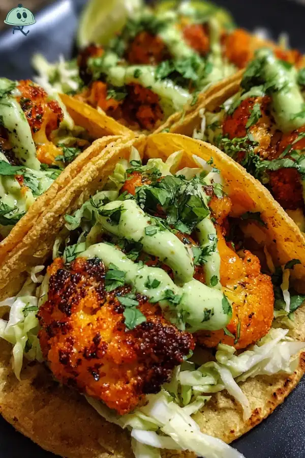 buffalo cauliflower tacos with avocado crema
