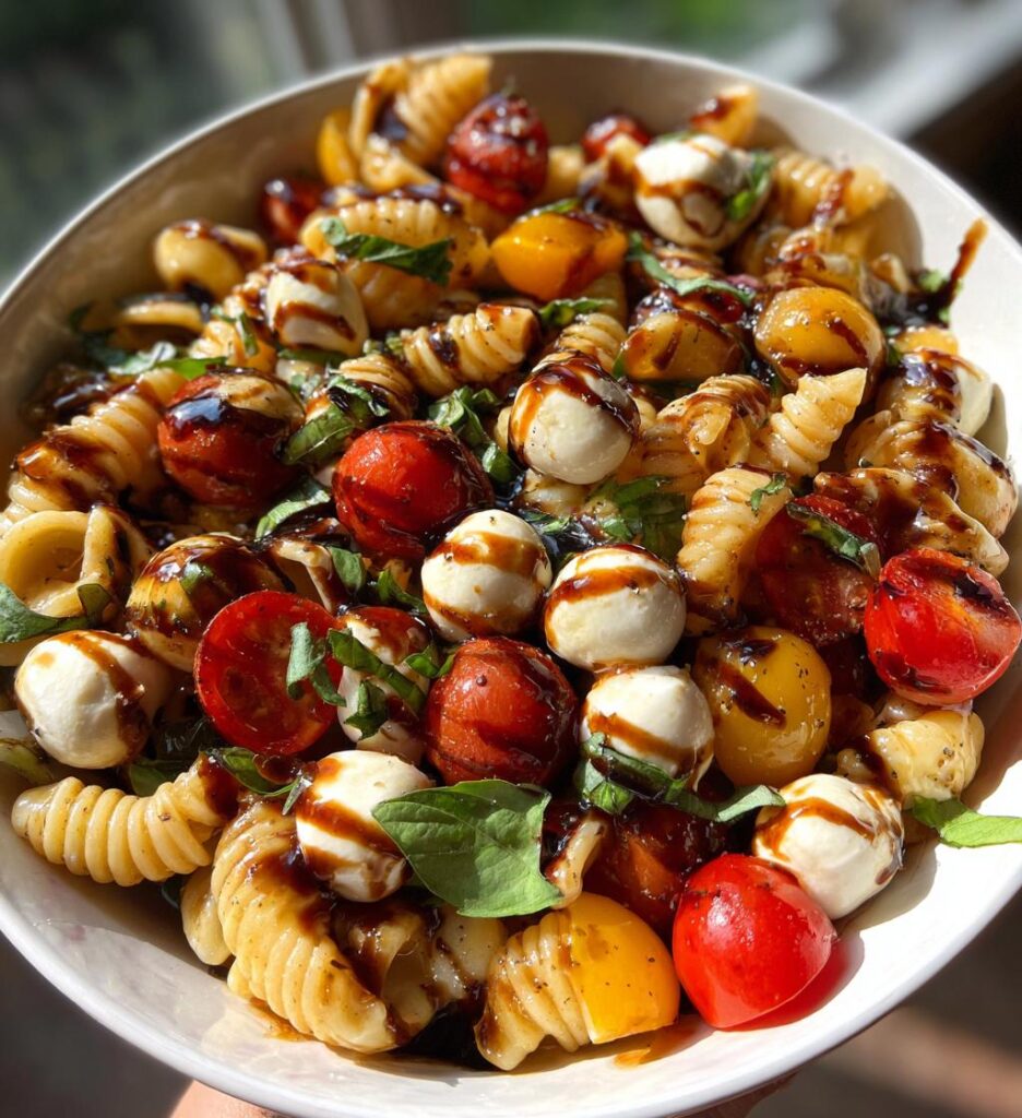 caprese pasta salad with balsamic glaze