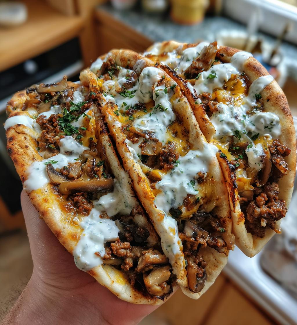 cheesy beef and mushroom pita pockets with tzatziki sauce - detail 1