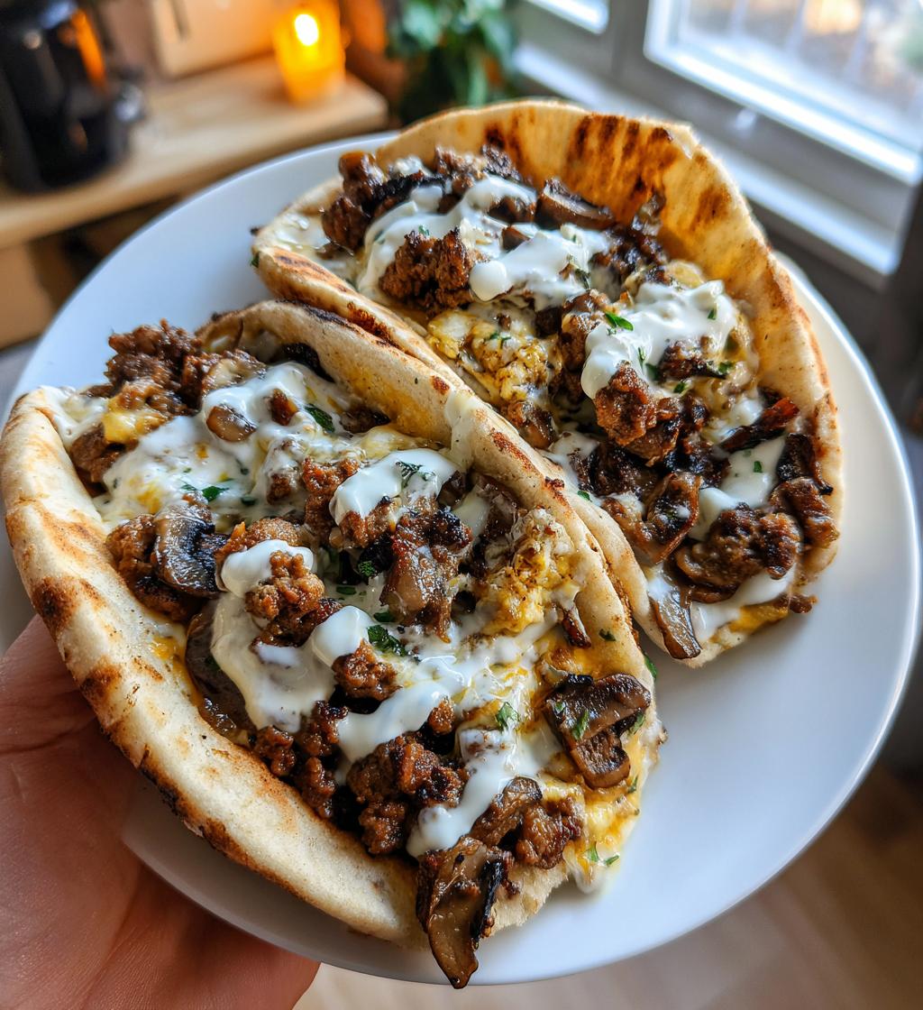cheesy beef and mushroom pita pockets with tzatziki sauce