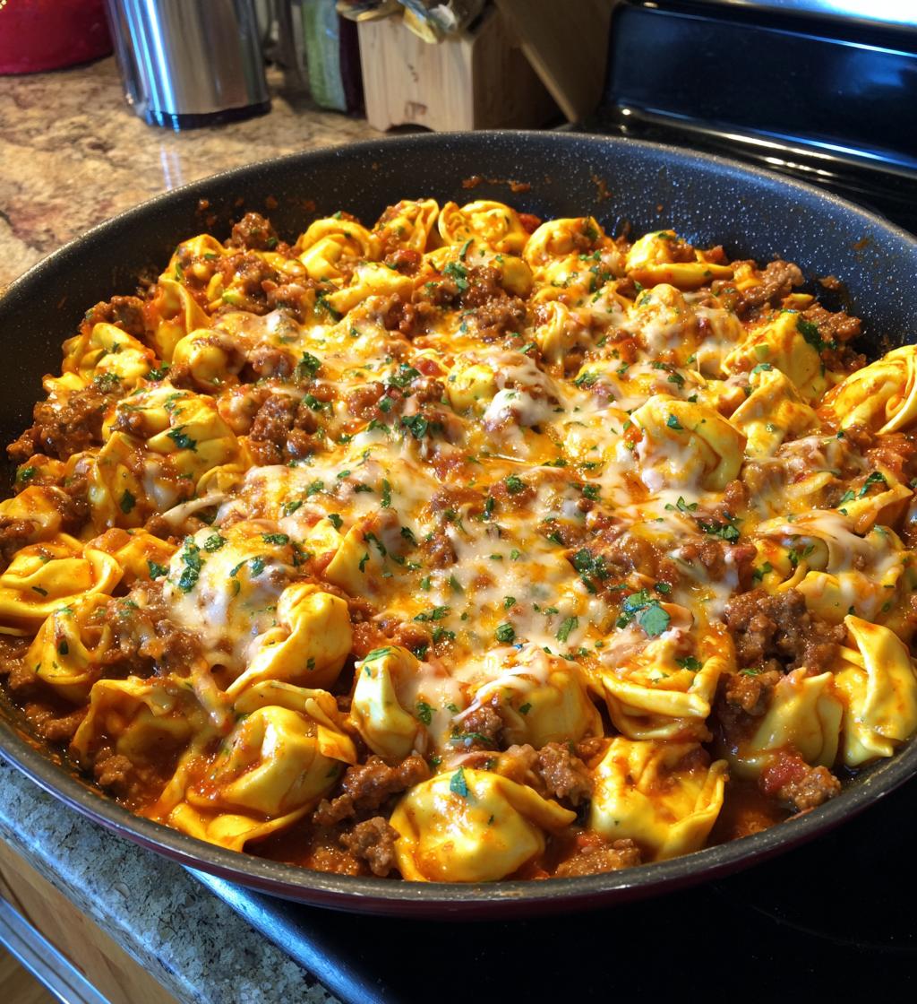 cheesy beef enchilada tortellini skillet - detail 1