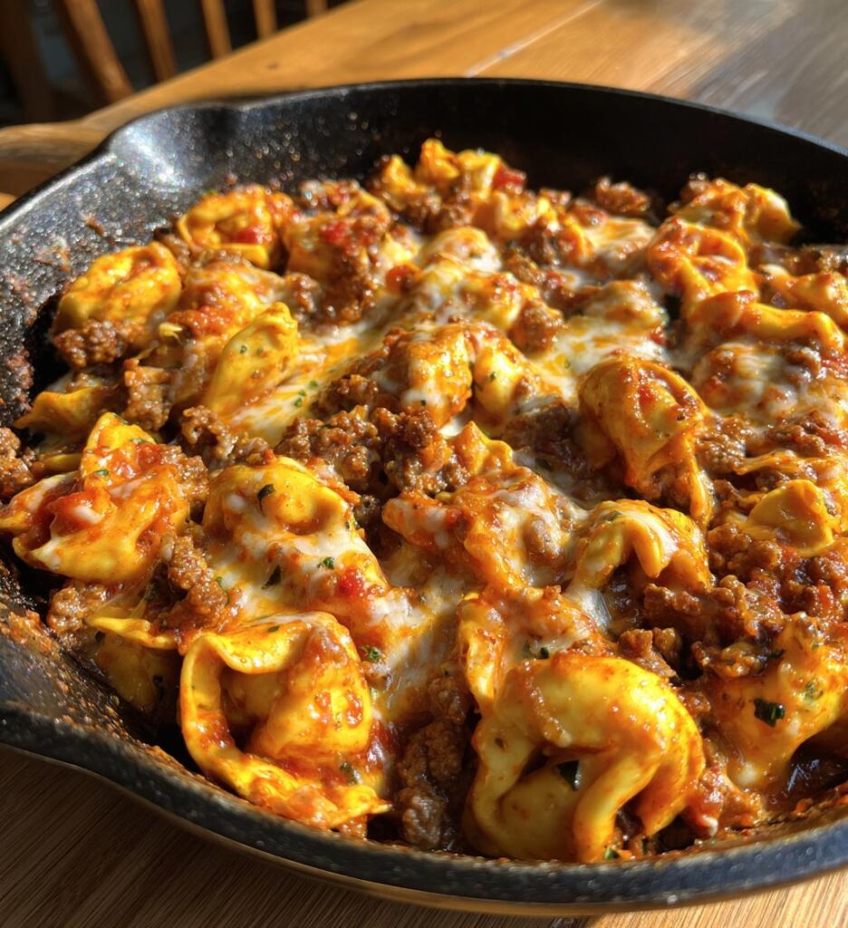 cheesy beef enchilada tortellini skillet