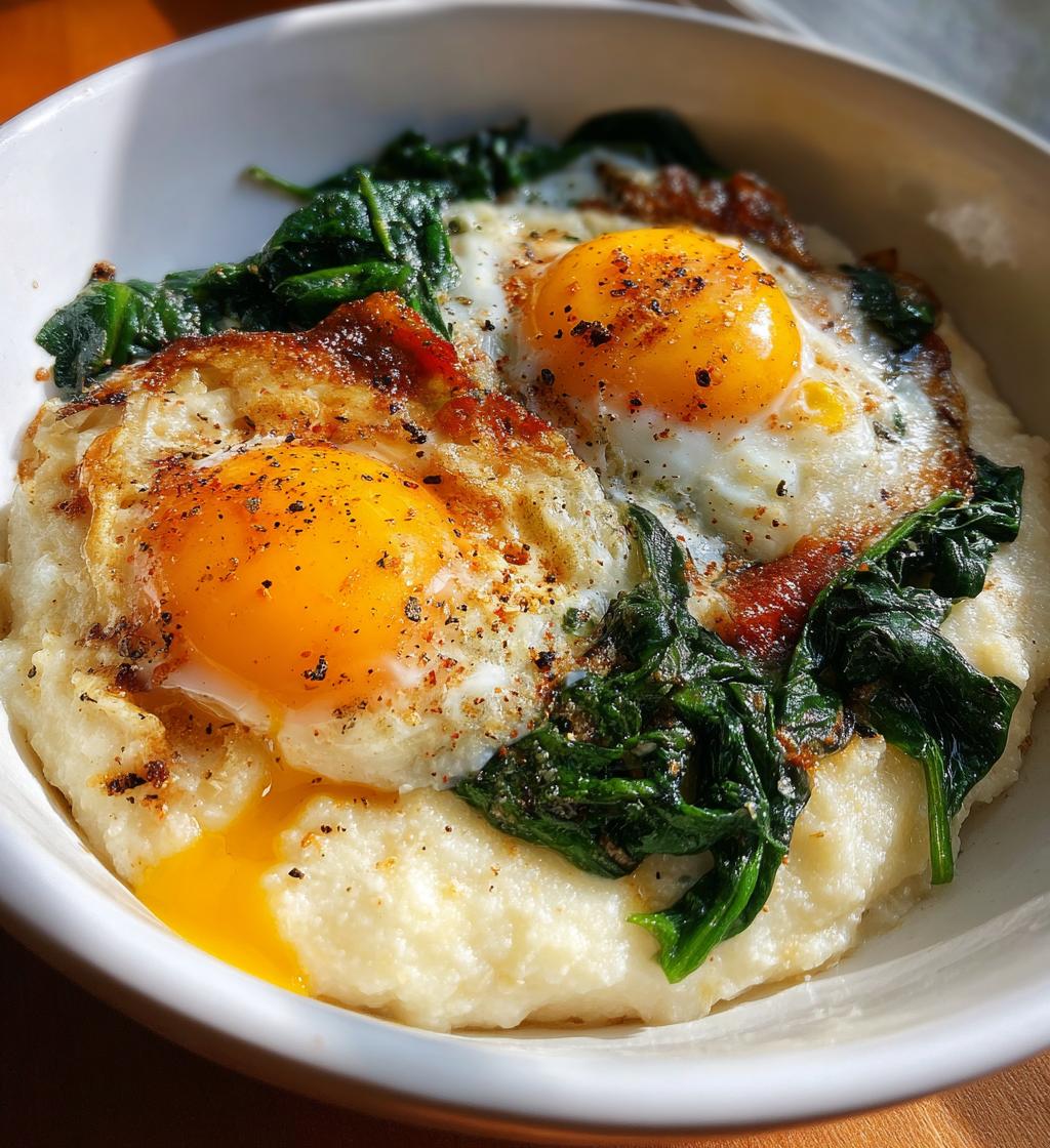 cheesy grits with spinach and fried eggs - detail 1