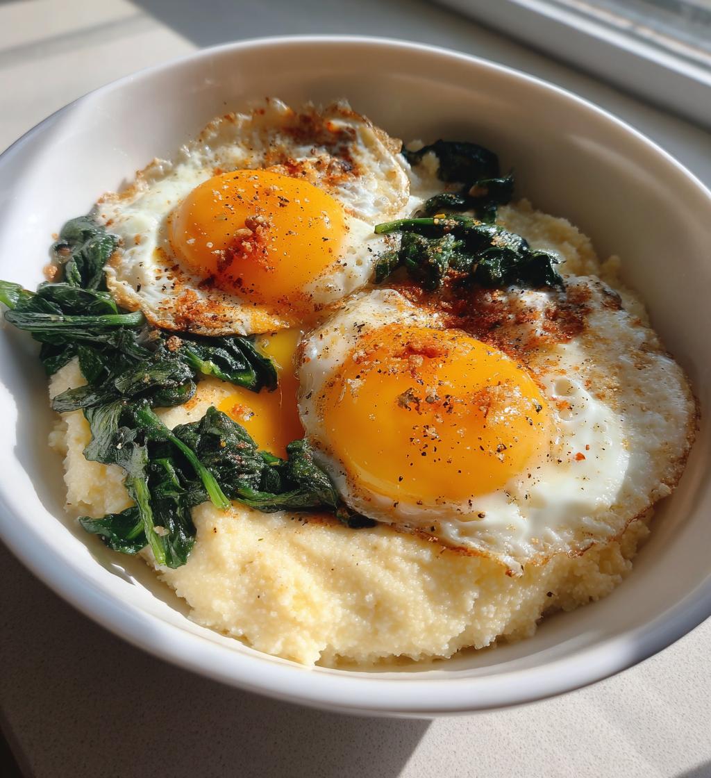 cheesy grits with spinach and fried eggs