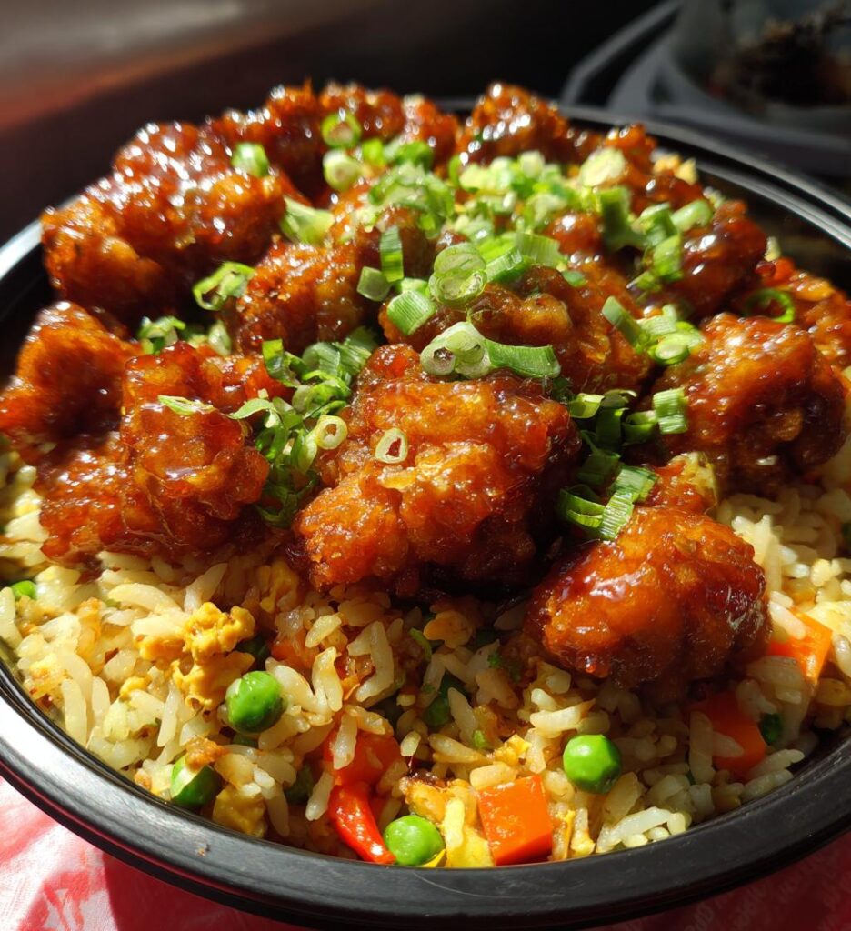 crispy saucy chicken with vegetable fried rice