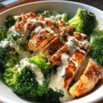 grilled chicken broccoli bowls with creamy garlic sauce