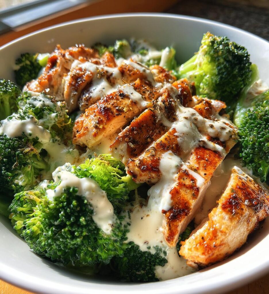 grilled chicken broccoli bowls with creamy garlic sauce