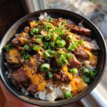 korean bbq steak rice bowls with spicy cream sauce