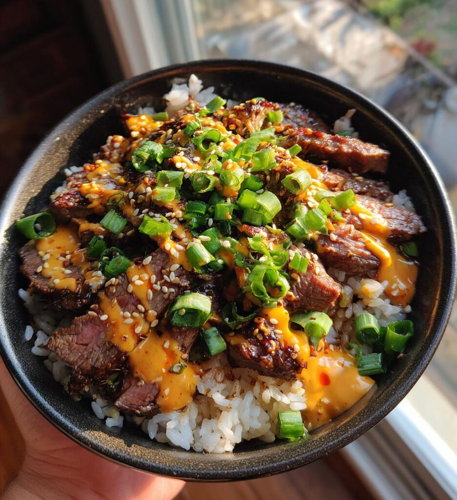 korean bbq steak rice bowls with spicy cream sauce