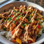loaded chicken fajita rice bowls with smoky chipotle cream