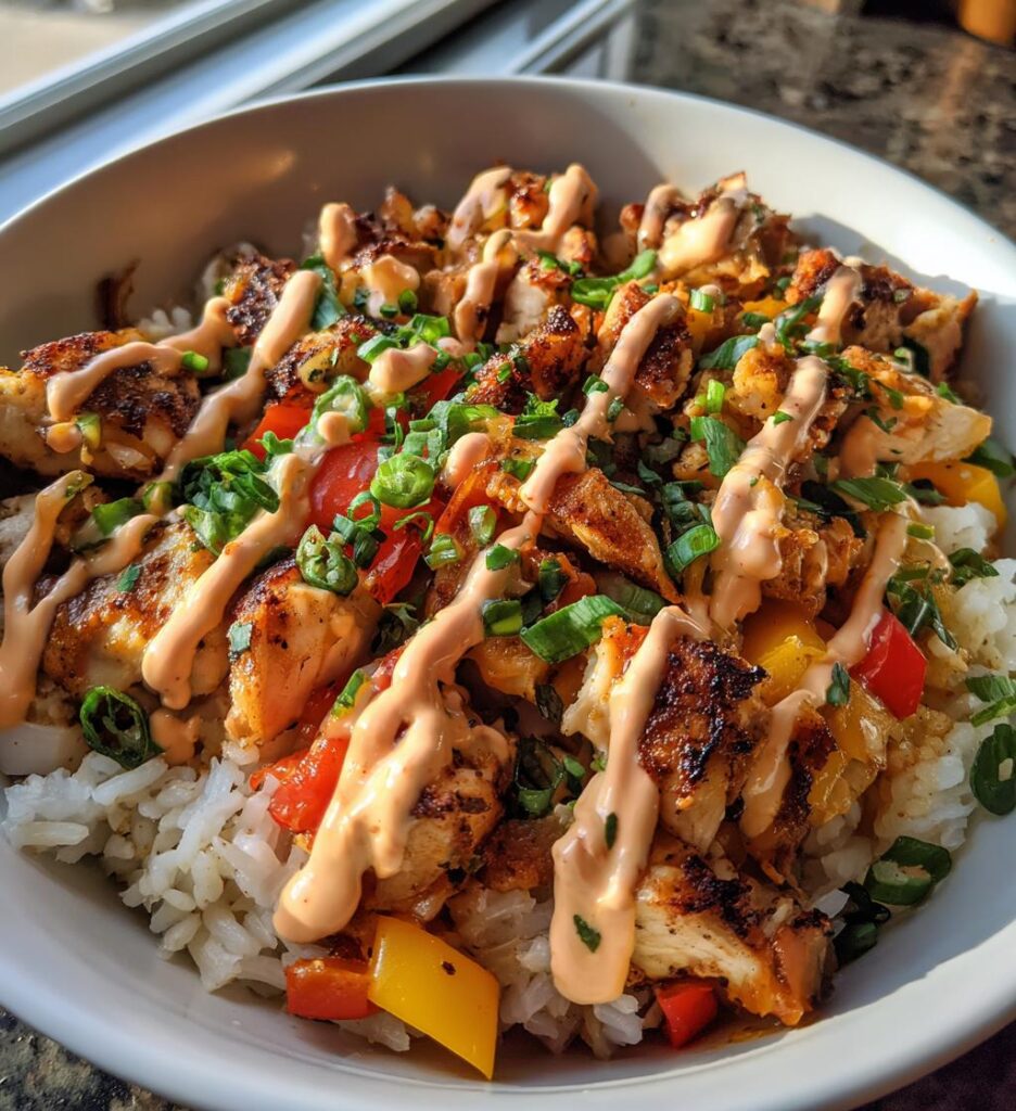 loaded chicken fajita rice bowls with smoky chipotle cream