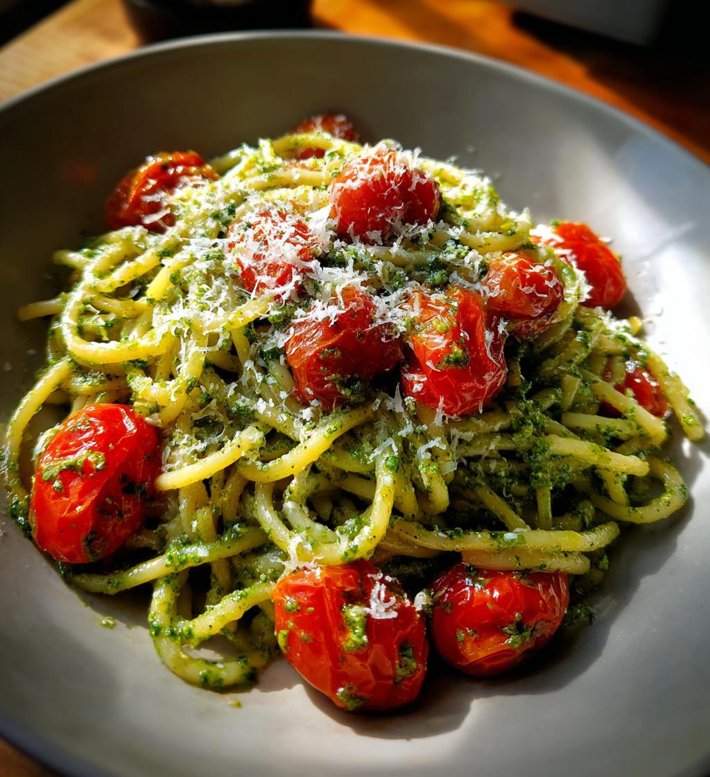 pesto pasta with roasted tomatoes - detail 1