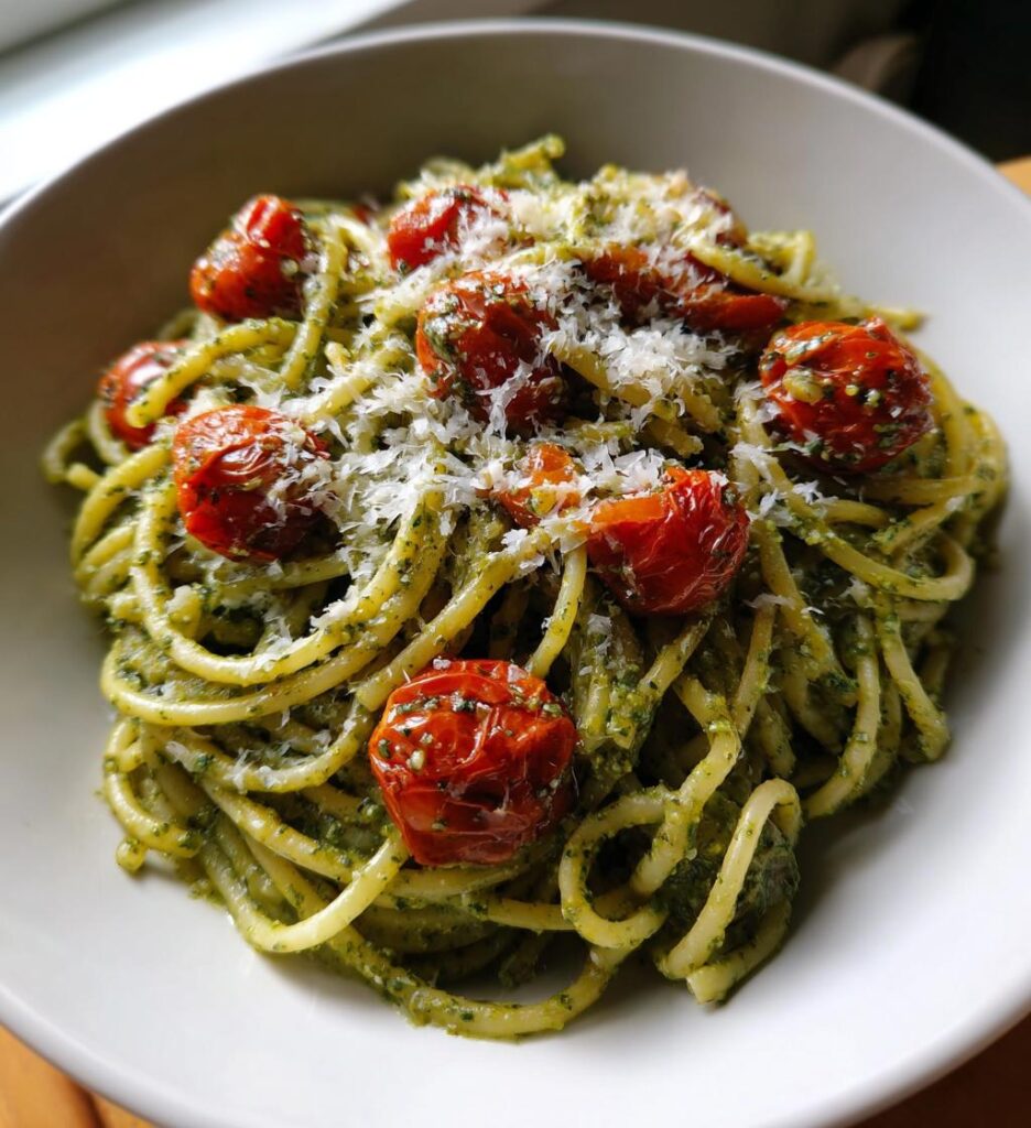 pesto pasta with roasted tomatoes