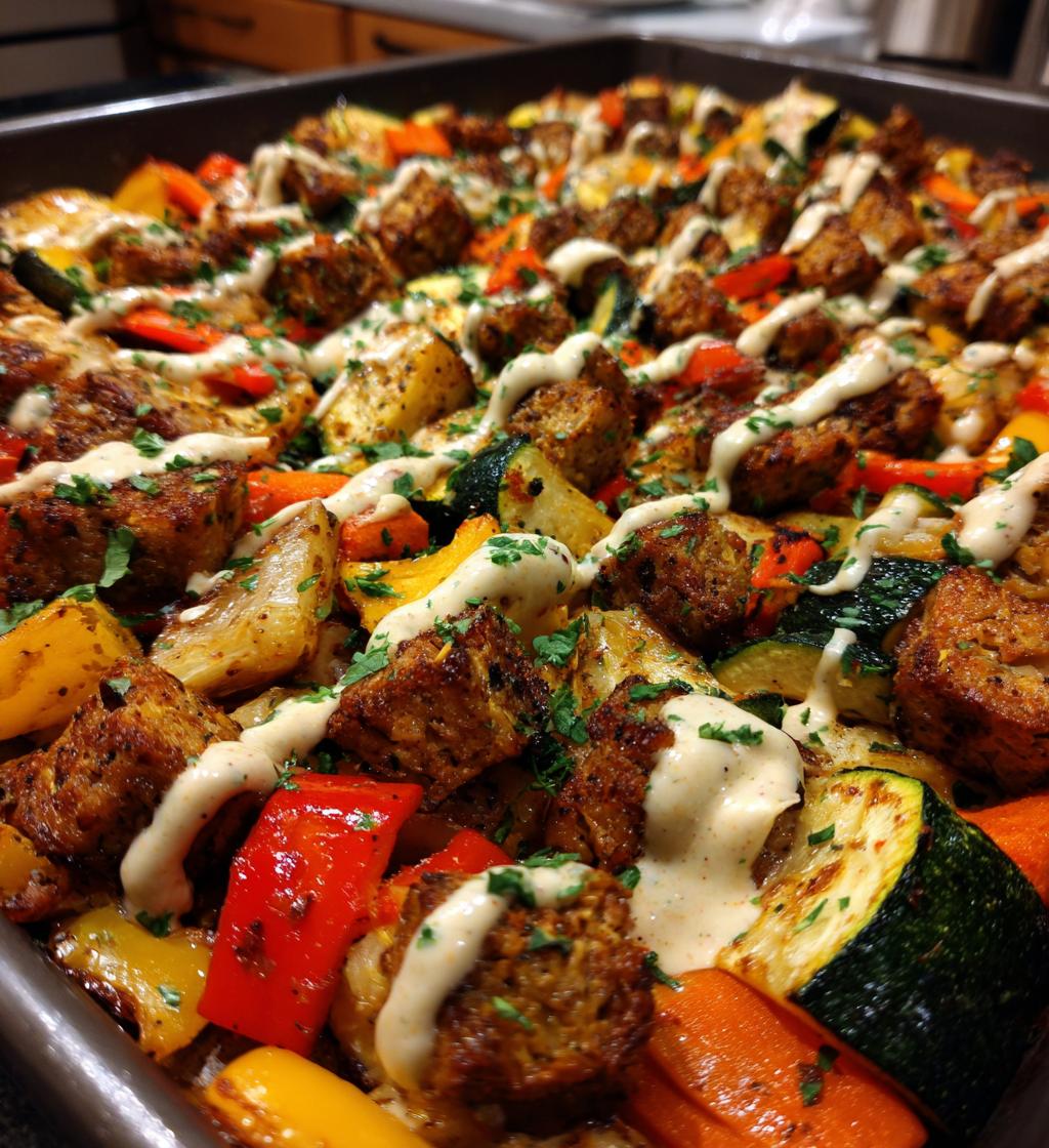 sheet pan tempeh and vegetables with cinnamon tahini sauce - detail 1