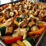 sheet pan tempeh and vegetables with cinnamon tahini sauce