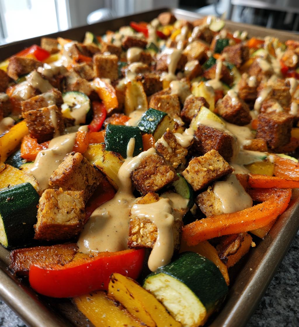 sheet pan tempeh and vegetables with cinnamon tahini sauce