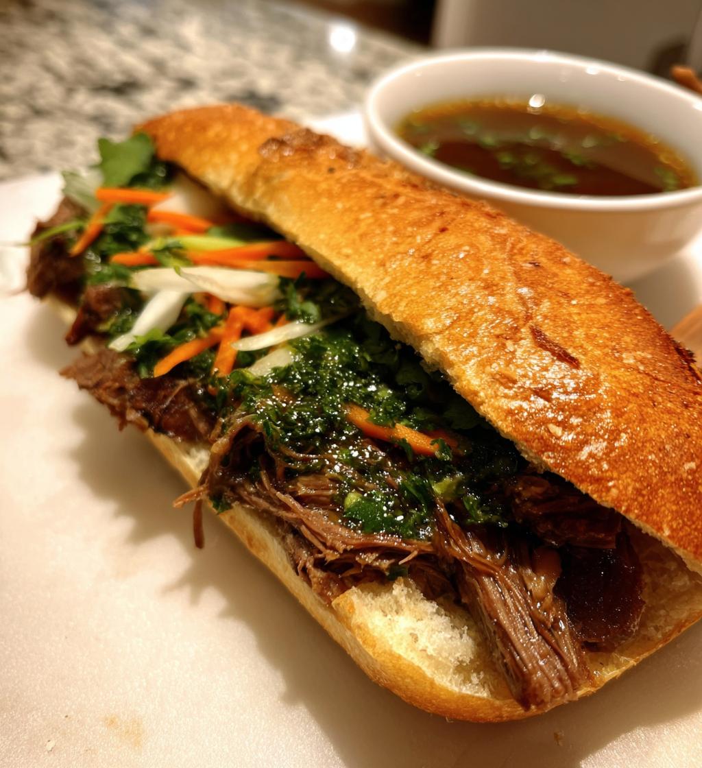 short rib pho french dip banh mi with thai basil chimichurri - detail 1