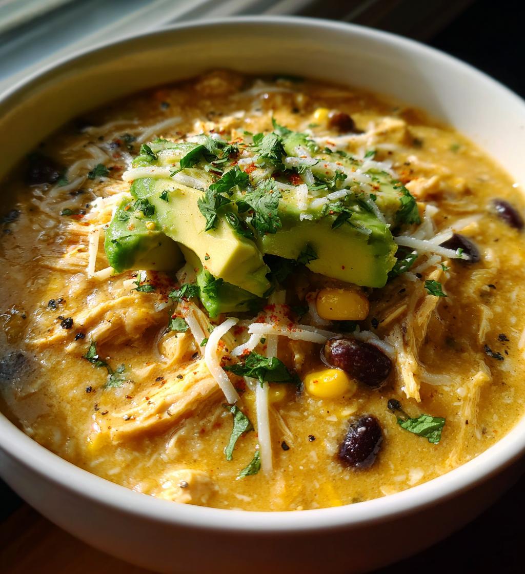 slow cooker creamy green chile chicken enchilada soup - detail 1