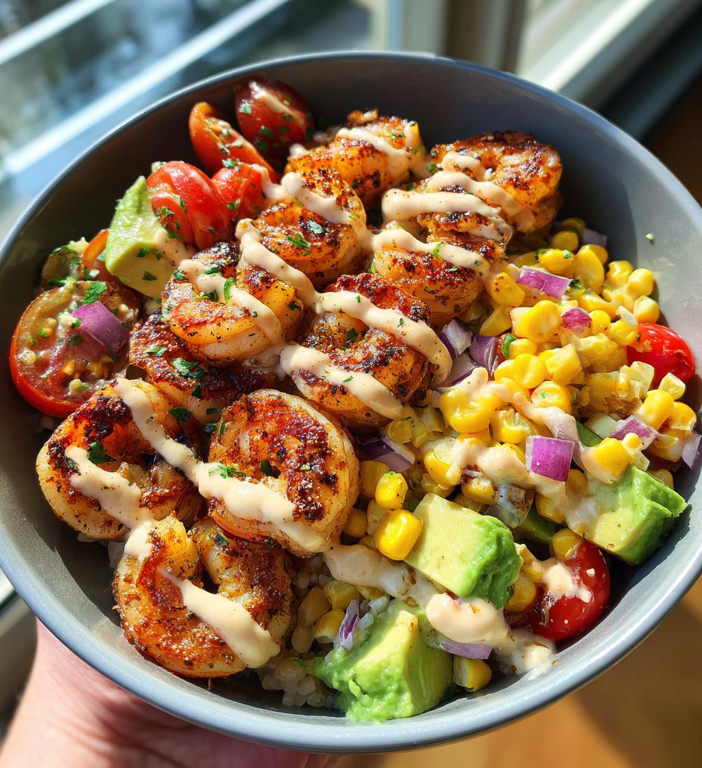 yummy grilled shrimp bowl with avocado corn salsa and creamy sauce - detail 1