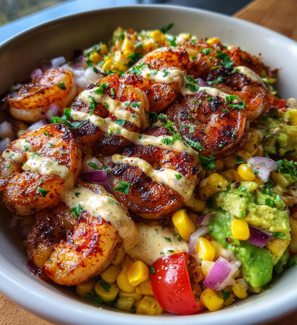 yummy grilled shrimp bowl with avocado corn salsa and creamy sauce