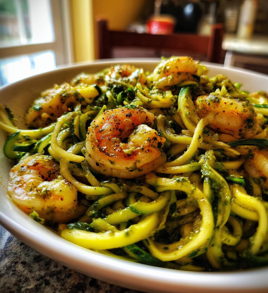 zucchini noodles with pesto and shrimp - detail 1