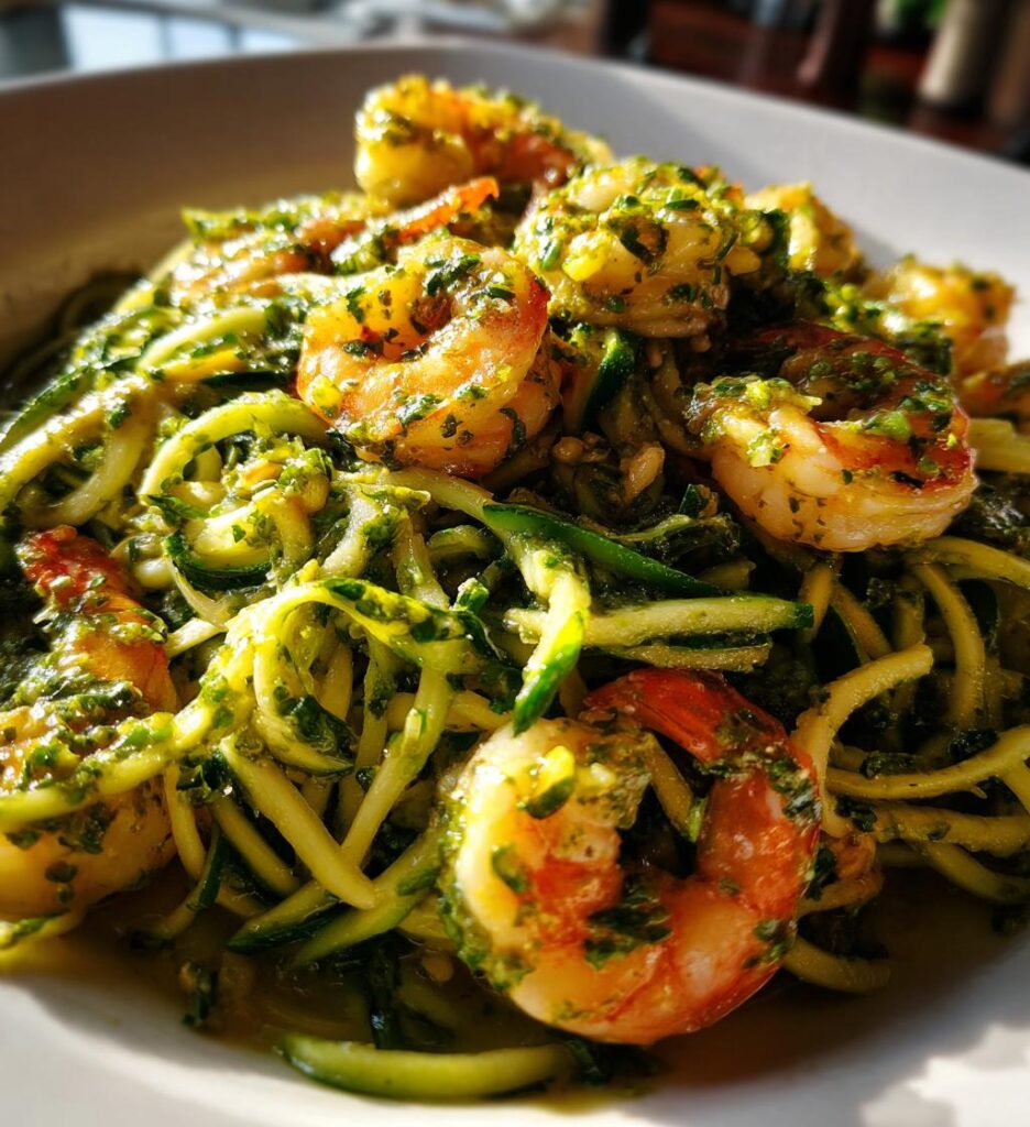 zucchini noodles with pesto and shrimp