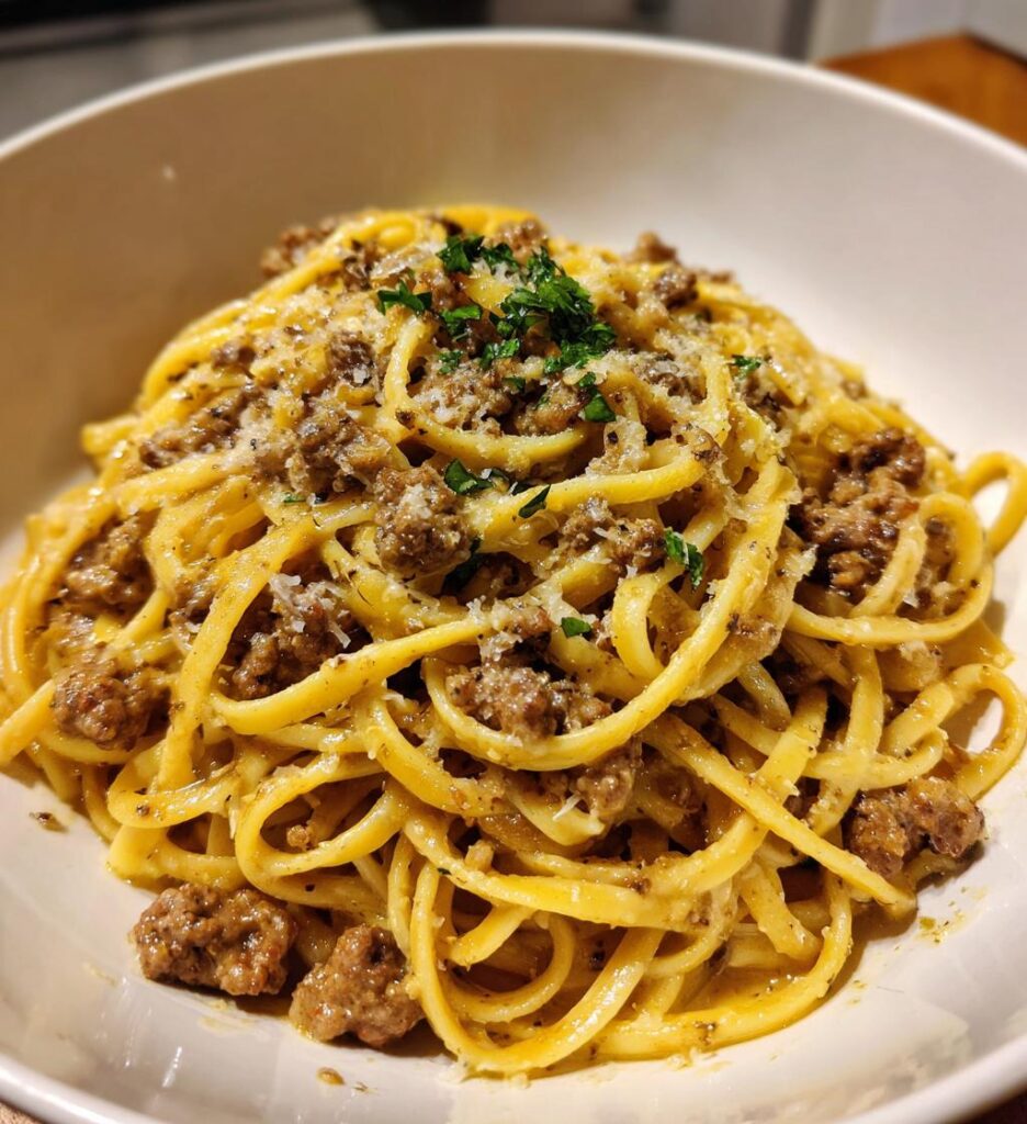 Creamy Parmesan Beef Linguine with Garlic Butter Sauce