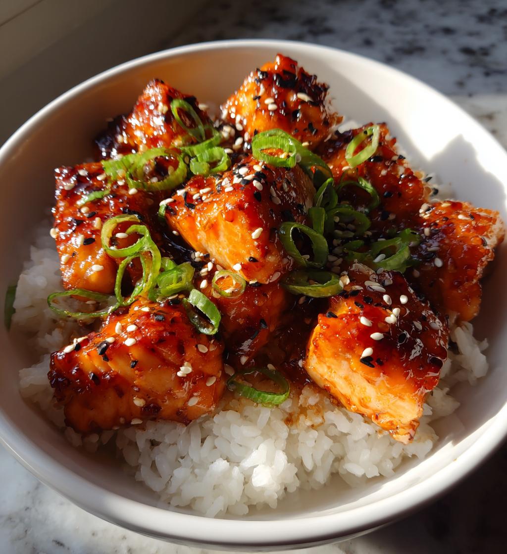 air fried teriyaki salmon bites rice bowl - detail 1