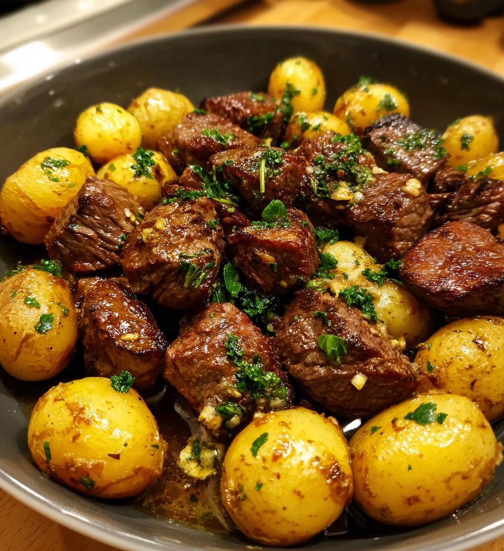 air fryer garlic butter steak bites and potatoes - detail 1
