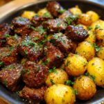 air fryer garlic butter steak bites and potatoes