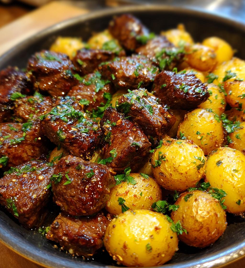 air fryer garlic butter steak bites and potatoes