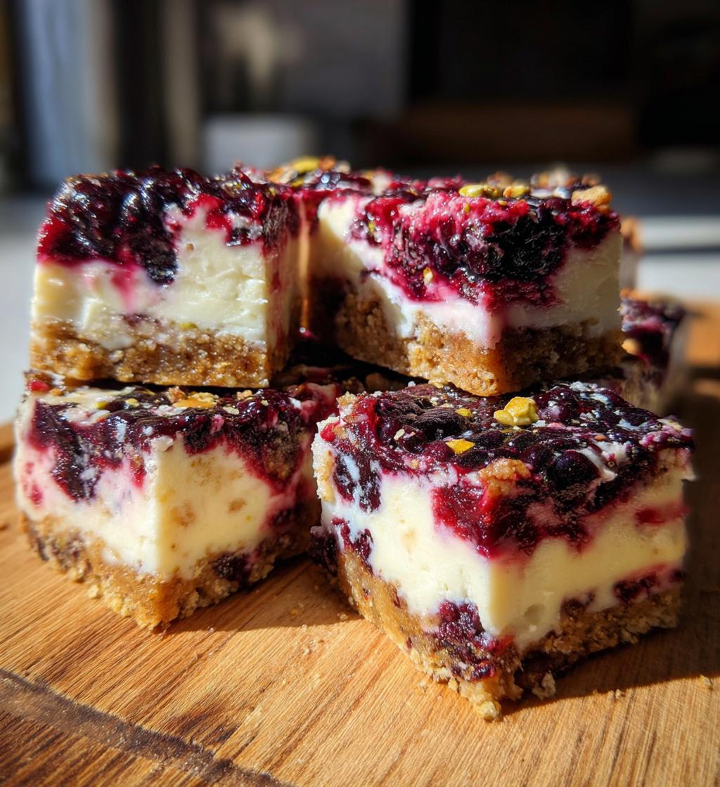 blackberry pistachio cheesecake bars - detail 1