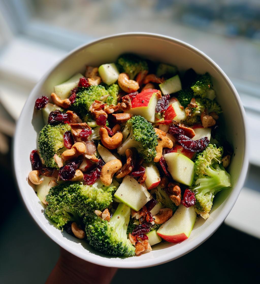 broccoli cashew salad with apples pears and cranberries
