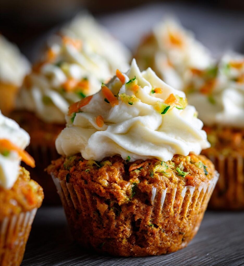 carrot apple zucchini muffins with cream cheese frosting