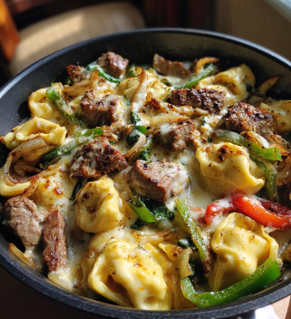 cheesesteak tortellini in rich provolone sauce